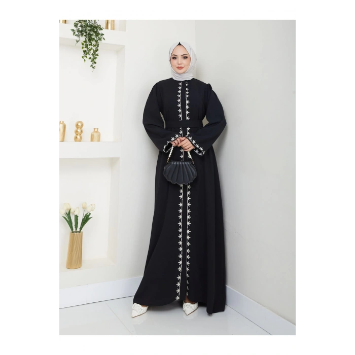 NAKIŞLI ABAYA TESETTÜR GIYIM KADIN FERACE ELBISE SİYAH