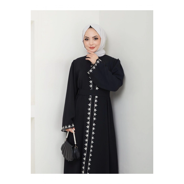 NAKIŞLI ABAYA TESETTÜR GIYIM KADIN FERACE ELBISE SİYAH