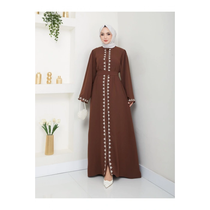 NAKIŞLI ABAYA TESETTÜR GIYIM KADIN FERACE ELBISE KAHVE