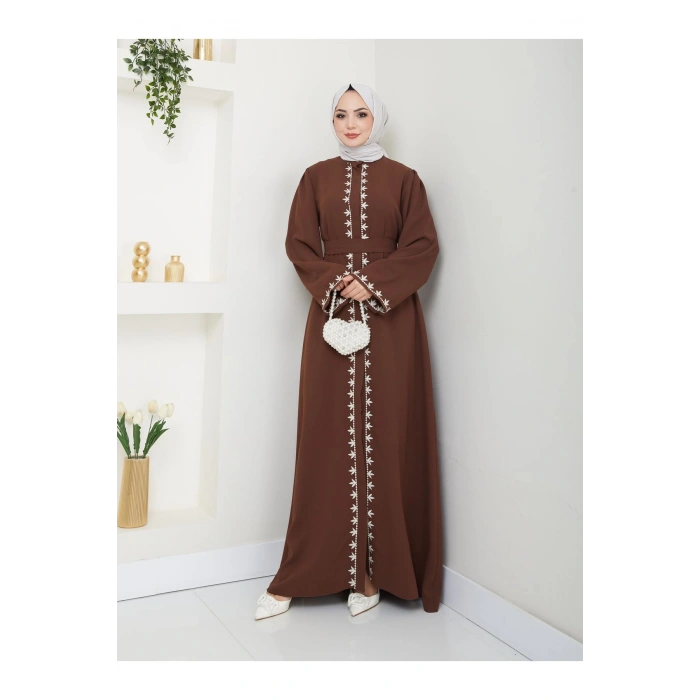 NAKIŞLI ABAYA TESETTÜR GIYIM KADIN FERACE ELBISE KAHVE