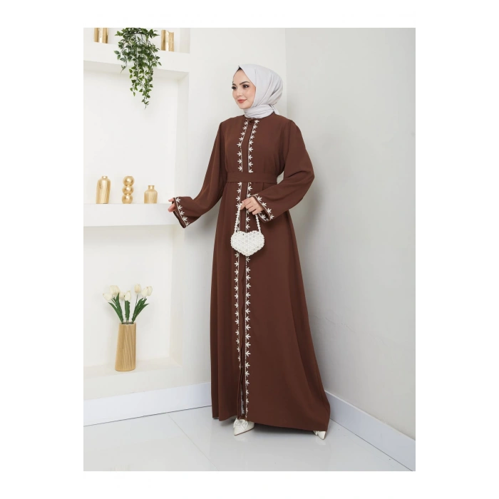 NAKIŞLI ABAYA TESETTÜR GIYIM KADIN FERACE ELBISE KAHVE