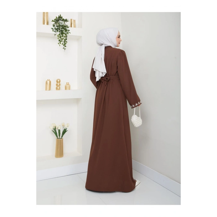 NAKIŞLI ABAYA TESETTÜR GIYIM KADIN FERACE ELBISE KAHVE