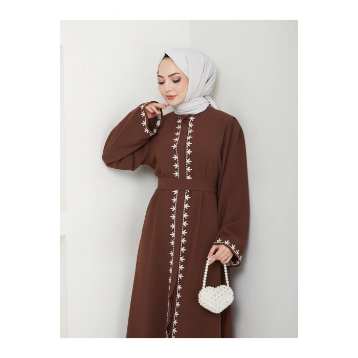 NAKIŞLI ABAYA TESETTÜR GIYIM KADIN FERACE ELBISE KAHVE