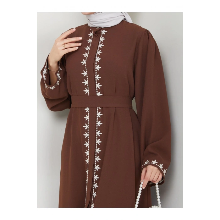 NAKIŞLI ABAYA TESETTÜR GIYIM KADIN FERACE ELBISE KAHVE
