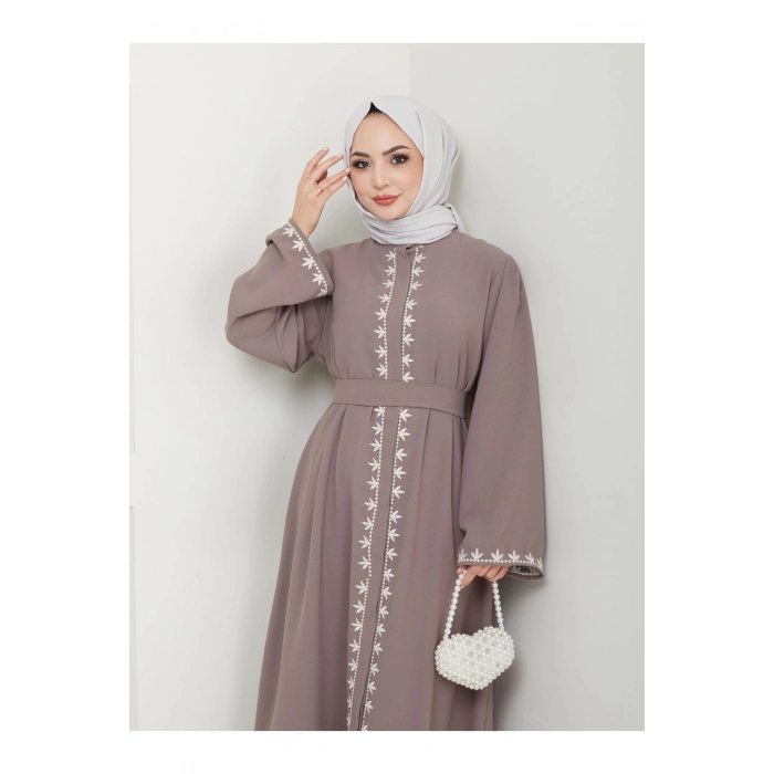 NAKIŞLI ABAYA TESETTÜR GIYIM KADIN FERACE ELBISE VİZON