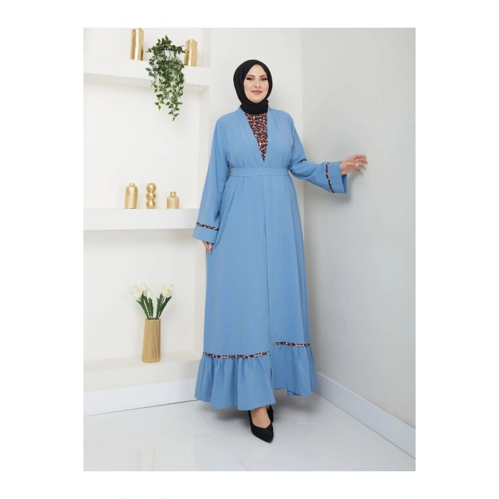 KADIN TESETTÜR LEOPAR ELBİSE İKİLİ ABAYA TAKIM MAVİ