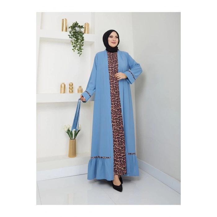 KADIN TESETTÜR LEOPAR ELBİSE İKİLİ ABAYA TAKIM MAVİ