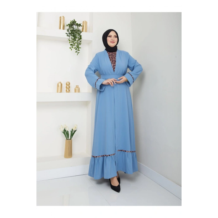 KADIN TESETTÜR LEOPAR ELBİSE İKİLİ ABAYA TAKIM MAVİ