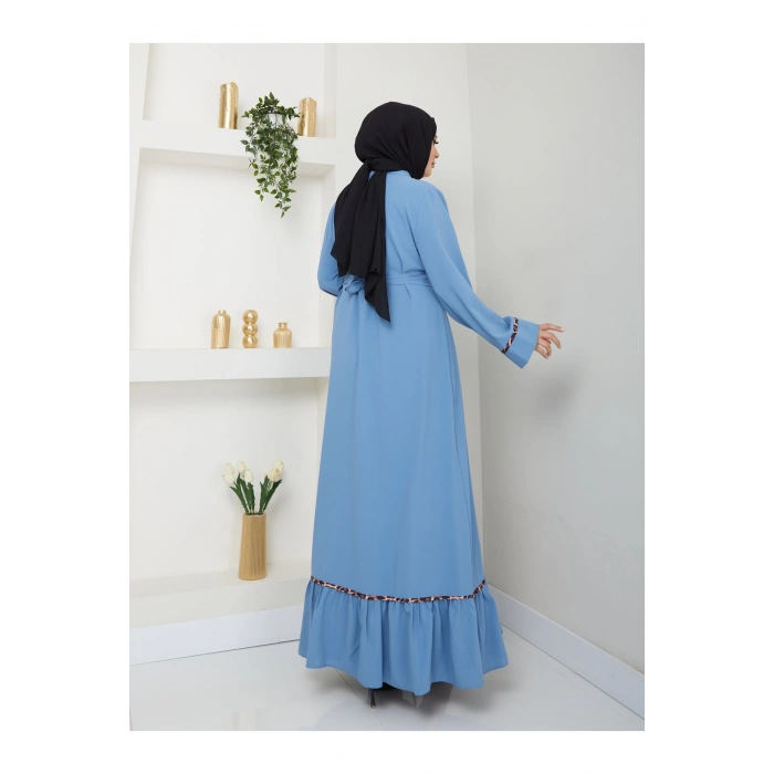 KADIN TESETTÜR LEOPAR ELBİSE İKİLİ ABAYA TAKIM MAVİ