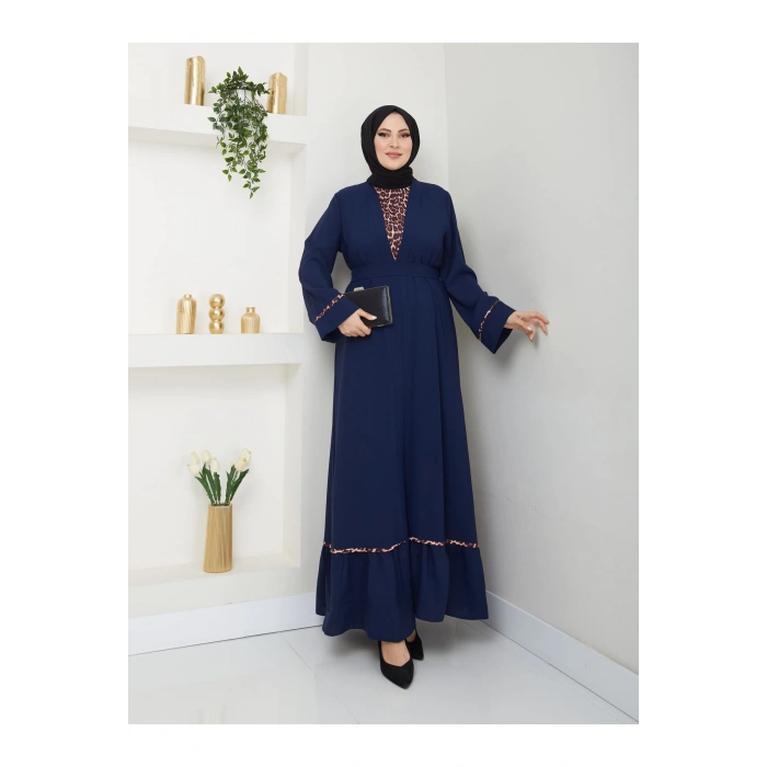 KADIN TESETTÜR LEOPAR ELBİSE İKİLİ ABAYA TAKIM LACİVERT