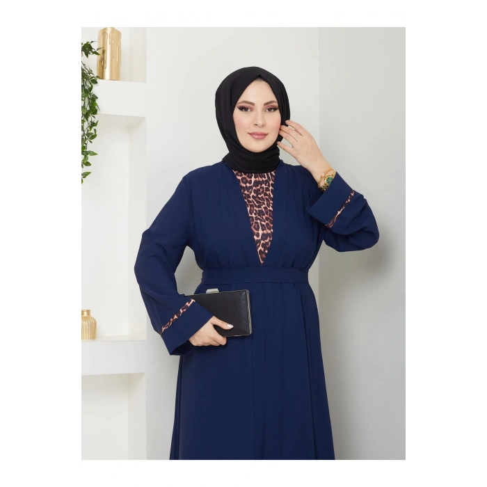 KADIN TESETTÜR LEOPAR ELBİSE İKİLİ ABAYA TAKIM LACİVERT