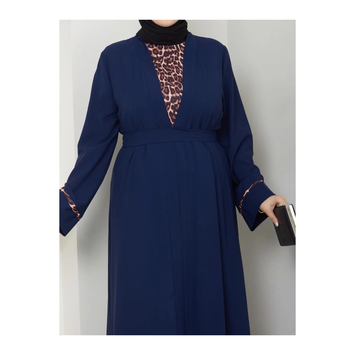 KADIN TESETTÜR LEOPAR ELBİSE İKİLİ ABAYA TAKIM LACİVERT
