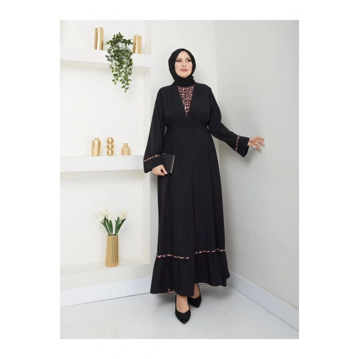 KADIN TESETTÜR LEOPAR ELBİSE İKİLİ ABAYA TAKIM SİYAH