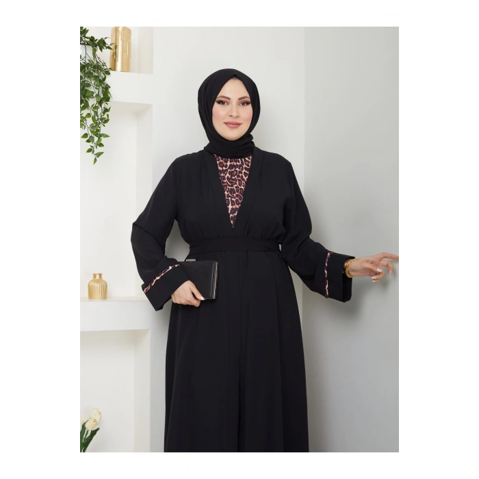 KADIN TESETTÜR LEOPAR ELBİSE İKİLİ ABAYA TAKIM SİYAH