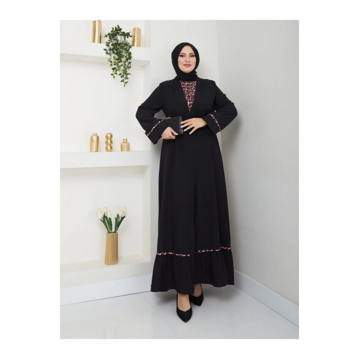 KADIN TESETTÜR LEOPAR ELBİSE İKİLİ ABAYA TAKIM SİYAH