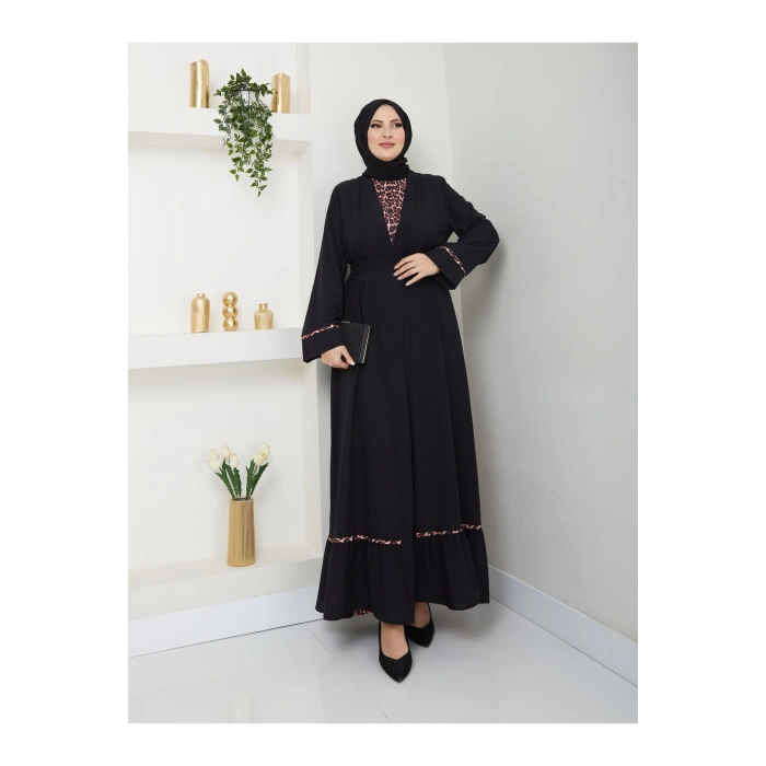 KADIN TESETTÜR LEOPAR ELBİSE İKİLİ ABAYA TAKIM SİYAH