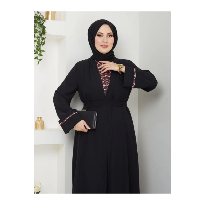 KADIN TESETTÜR LEOPAR ELBİSE İKİLİ ABAYA TAKIM SİYAH