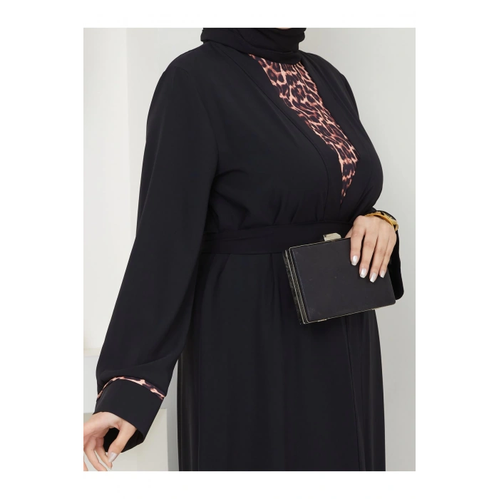 KADIN TESETTÜR LEOPAR ELBİSE İKİLİ ABAYA TAKIM SİYAH