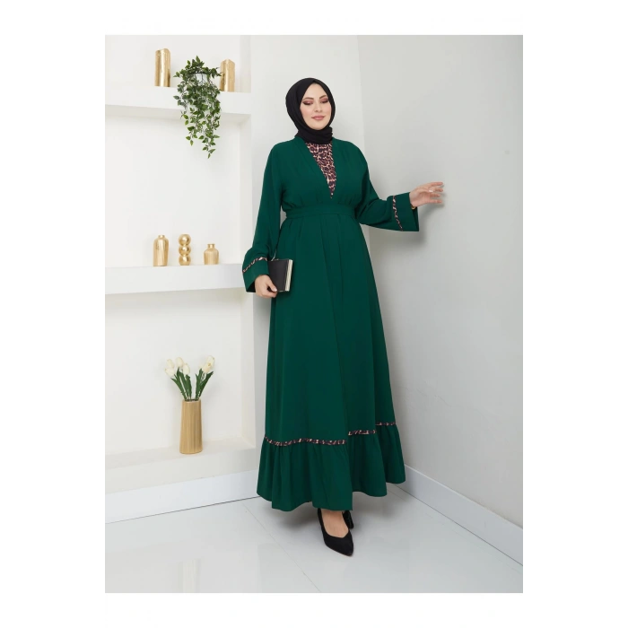 KADIN TESETTÜR LEOPAR ELBİSE İKİLİ ABAYA TAKIM ZÜMRÜT