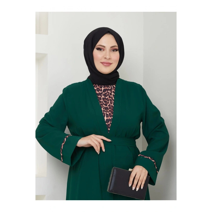 KADIN TESETTÜR LEOPAR ELBİSE İKİLİ ABAYA TAKIM ZÜMRÜT