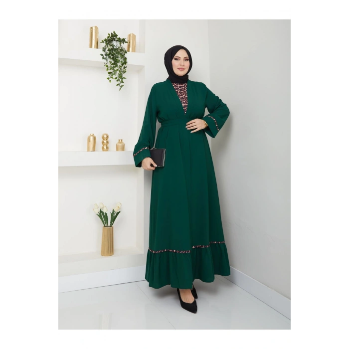 KADIN TESETTÜR LEOPAR ELBİSE İKİLİ ABAYA TAKIM ZÜMRÜT