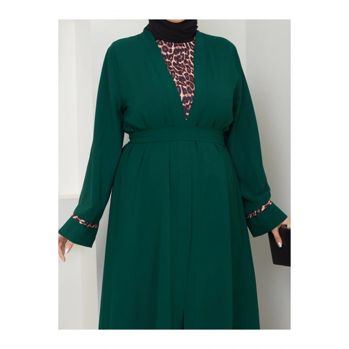 KADIN TESETTÜR LEOPAR ELBİSE İKİLİ ABAYA TAKIM ZÜMRÜT