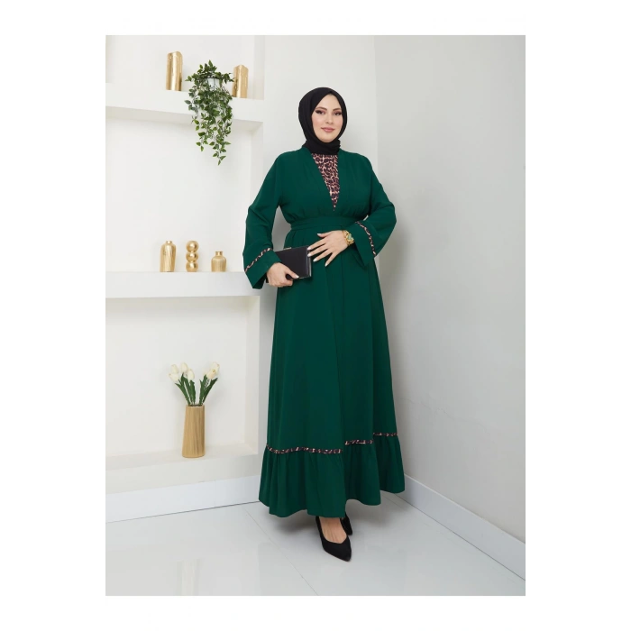 KADIN TESETTÜR LEOPAR ELBİSE İKİLİ ABAYA TAKIM ZÜMRÜT