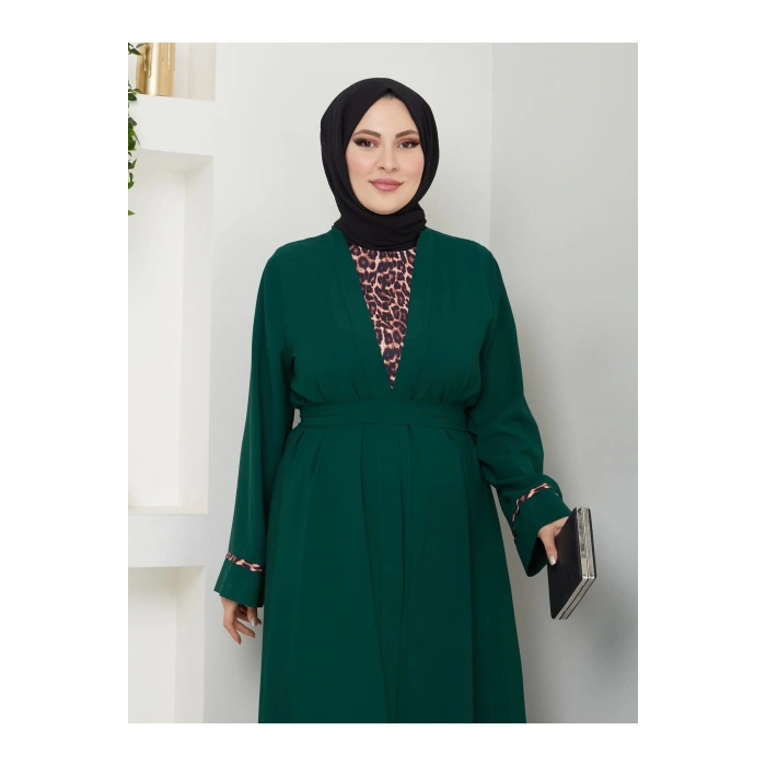 KADIN TESETTÜR LEOPAR ELBİSE İKİLİ ABAYA TAKIM ZÜMRÜT