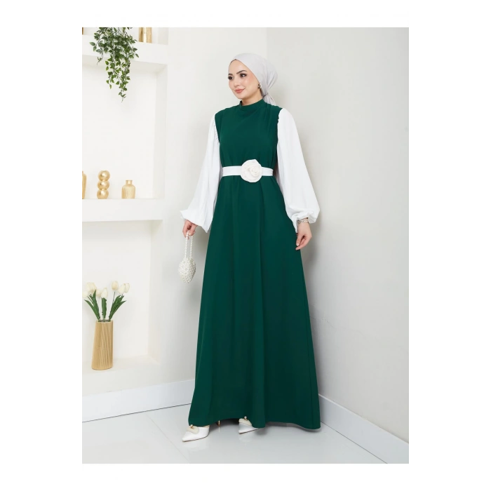 KADIN TESETTÜR KOLU BEYAZ ELBİSE ÇİÇEKLİ TOKA ZÜMEÜT ELBİSE