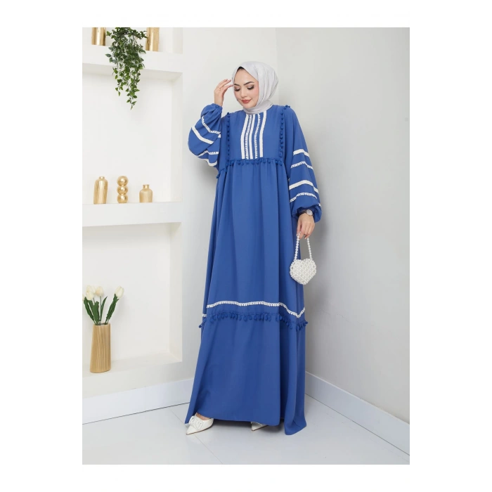 KADIN TESETTÜR DANTELLİ ŞERİT ELBİSE MAVİ
