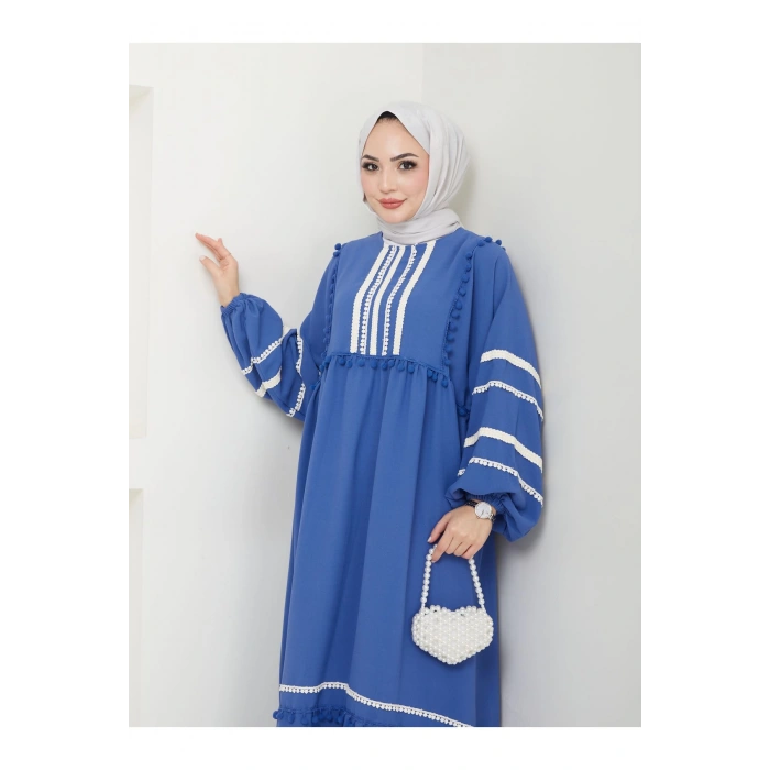 KADIN TESETTÜR DANTELLİ ŞERİT ELBİSE MAVİ