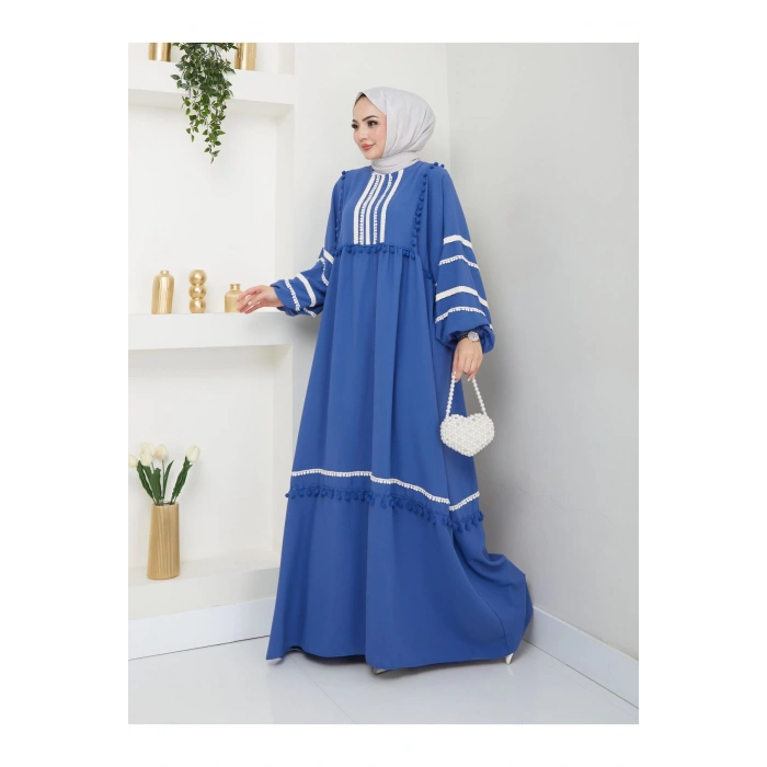 KADIN TESETTÜR DANTELLİ ŞERİT ELBİSE MAVİ