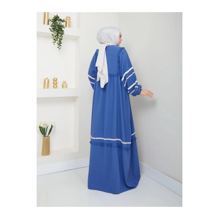 KADIN TESETTÜR DANTELLİ ŞERİT ELBİSE MAVİ