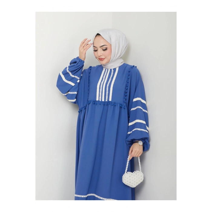 KADIN TESETTÜR DANTELLİ ŞERİT ELBİSE MAVİ