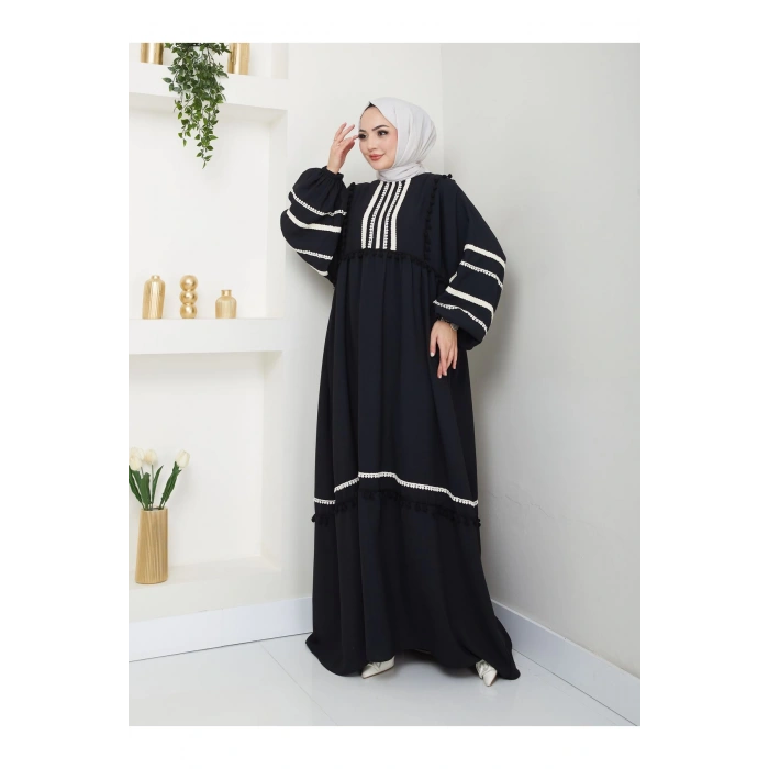 KADIN TESETTÜR DANTELLİ ŞERİT ELBİSE SİYAH