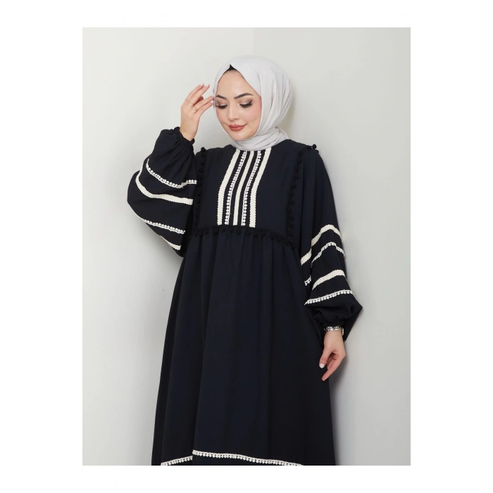 KADIN TESETTÜR DANTELLİ ŞERİT ELBİSE SİYAH