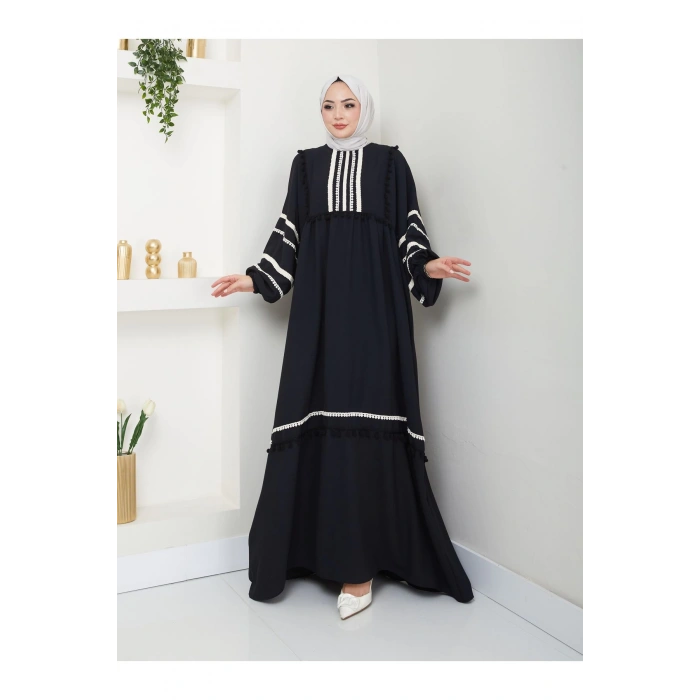 KADIN TESETTÜR DANTELLİ ŞERİT ELBİSE SİYAH