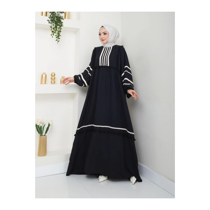 KADIN TESETTÜR DANTELLİ ŞERİT ELBİSE SİYAH