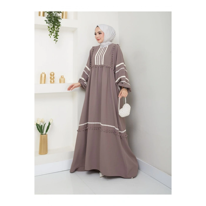 KADIN TESETTÜR DANTELLİ ŞERİT ELBİSE TAŞ