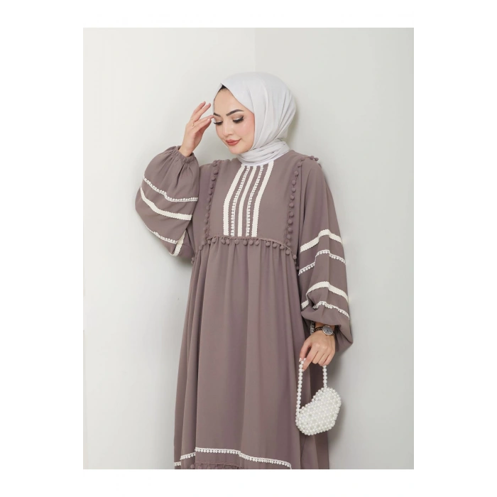 KADIN TESETTÜR DANTELLİ ŞERİT ELBİSE TAŞ