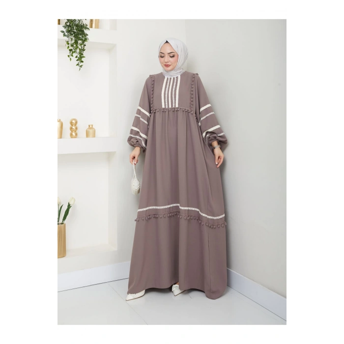 KADIN TESETTÜR DANTELLİ ŞERİT ELBİSE TAŞ