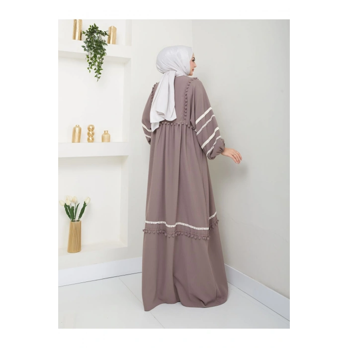 KADIN TESETTÜR DANTELLİ ŞERİT ELBİSE TAŞ