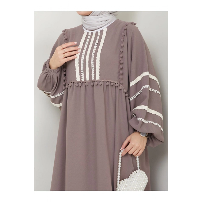 KADIN TESETTÜR DANTELLİ ŞERİT ELBİSE TAŞ