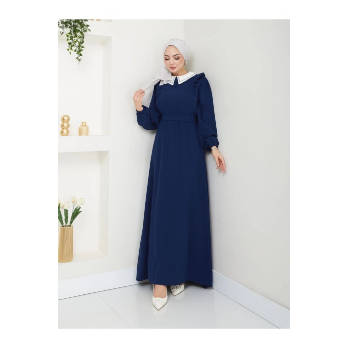 KADIN TESETTÜR YAKASI NAKİŞLİ ELBİSE LACİVERT