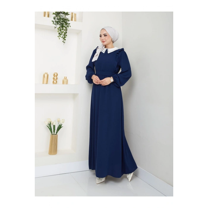 KADIN TESETTÜR YAKASI NAKİŞLİ ELBİSE LACİVERT