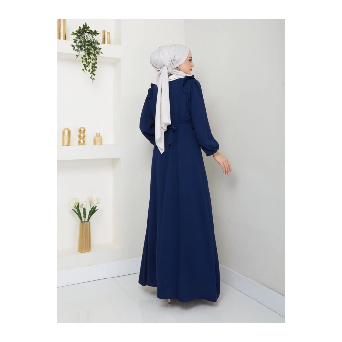 KADIN TESETTÜR YAKASI NAKİŞLİ ELBİSE LACİVERT