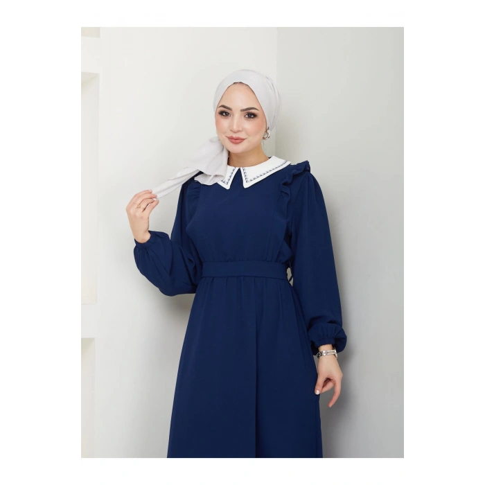 KADIN TESETTÜR YAKASI NAKİŞLİ ELBİSE LACİVERT