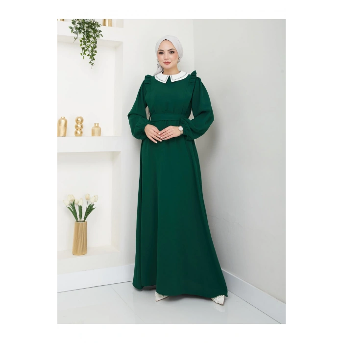 KADIN TESETTÜR YAKASI NAKİŞLİ ELBİSE ZÜMRÜT