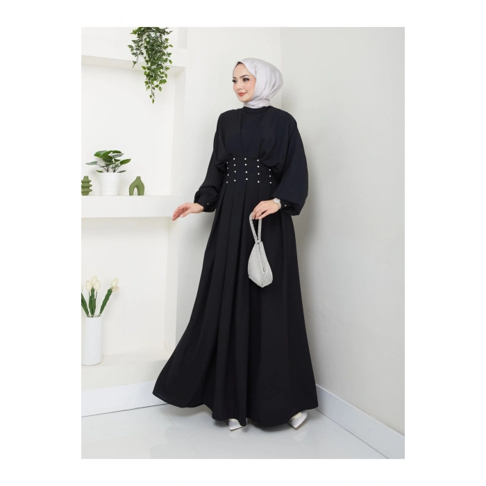 KADIN TESETTÜR TAŞLİ ELBİSE SİYAH