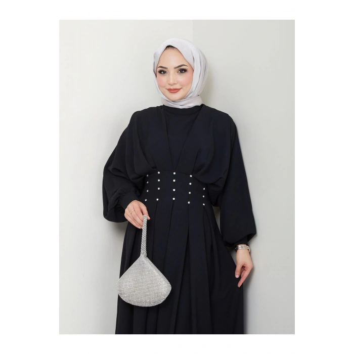 KADIN TESETTÜR TAŞLİ ELBİSE SİYAH